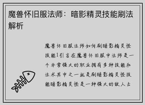 魔兽怀旧服法师：暗影精灵技能刷法解析